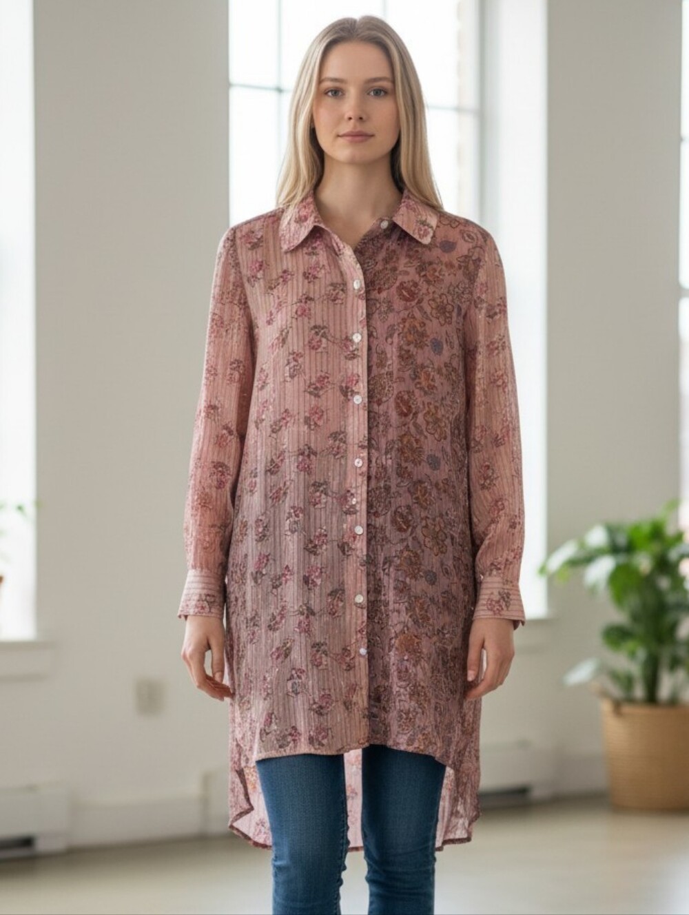 Soft Surroundings Aura Sheer Floral Button Front Tunic Top Sz Large Petite WT147